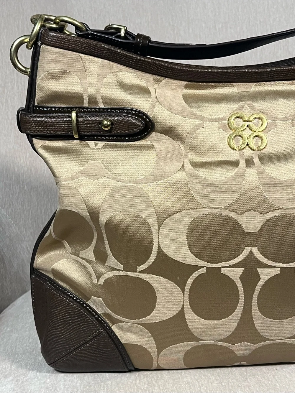 Coach Vintage Shoulder Bag in Khaki and Brown with Signature Jacquard